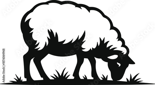 Minimalist black sheep grazing in field silhouette vector icon