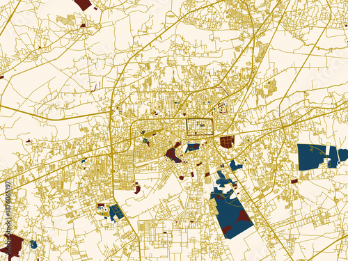 Fotografi Abstract city map of Nakhon Ratchasima, Thailand with midnight blue and gold pal