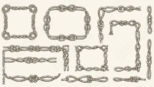 Collection of nautical knot designs for decorative borders and frames, showcasing intricate rope work and seafaring aesthetics