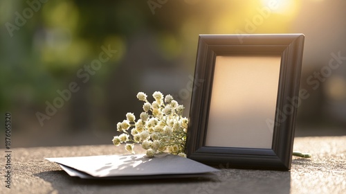memoriam. Black picture frame with folded speech and white flowers. event programs, museum guides, designed for cultural heritage projects and event programs, preserves heritage.