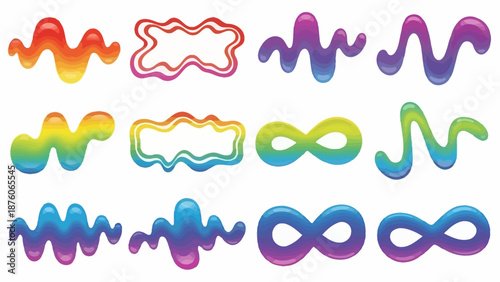 Dynamic collection of abstract wavy liquid shapes and colorful gradient infinity symbols, ideal for modern graphic design and decorative visual elements