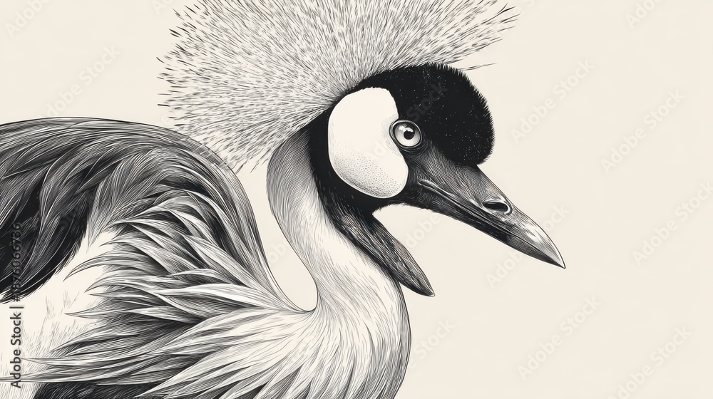 Fototapeta premium Elegant illustration of a crowned crane with intricate feather details