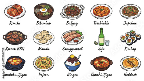Assorted Korean Dishes Illustrations on a Clean White Background