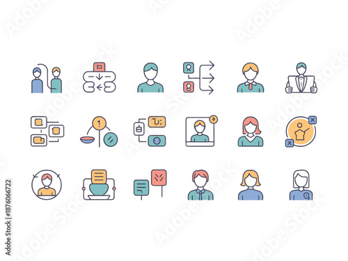 Human Resources and Corporate Communication Icon Set - 18 Colorful Vector Icons for HR Management, Team Workflow, and Professional Interaction Concepts