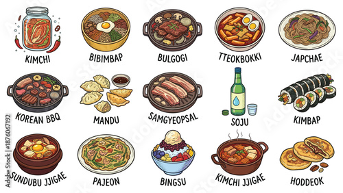 Assorted Korean Dishes and Drinks Illustrations on a White Background