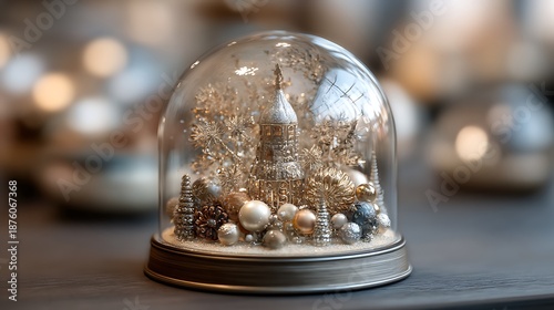 Golden snow globe with miniature winter scene inside
