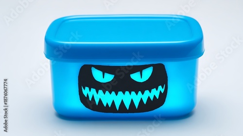 Glowing blue container with spooky face design