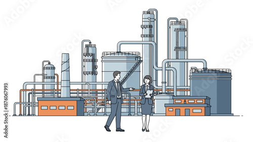 Business people discussing plans in front of industrial plant illustration.