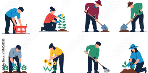 Flat vector illustration set of diverse people gardening featuring men and women planting flowers digging soil and raking leaves for backyard hobby and agriculture.
