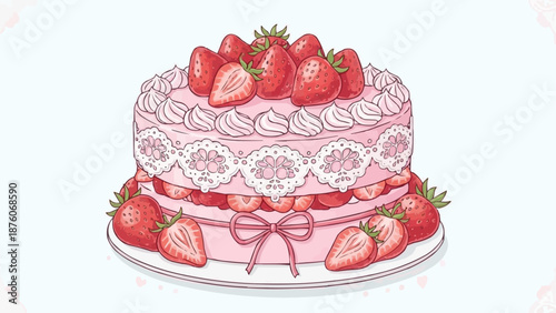 Delicious Strawberry Layer Cake with Pink Frosting and Fresh Berries.