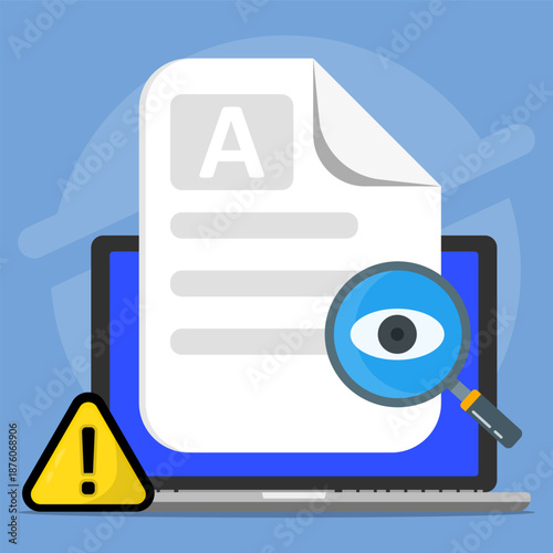 Laptop document eye magnifying glass and an alert symbol. Concept of technology security breach. Suitable for cybersecurity awareness materials, data protection articles and online safety blog posts.