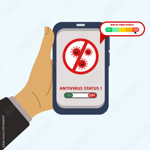 Hand holding smartphone showing antivirus status and high cyber attack risk warning on screen. Concept mobile security, potential malware attacks, digital threats and cybersecurity alert.