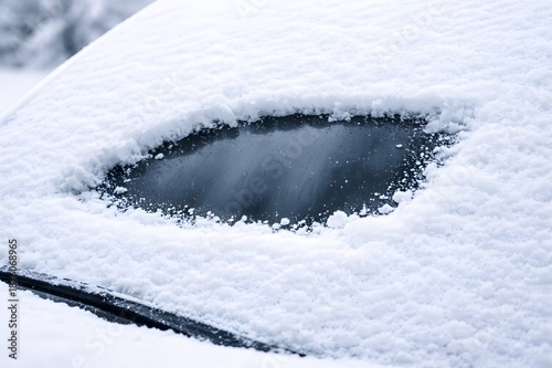 Snow-covered car windshield with small cleared view, minimalist winter detail