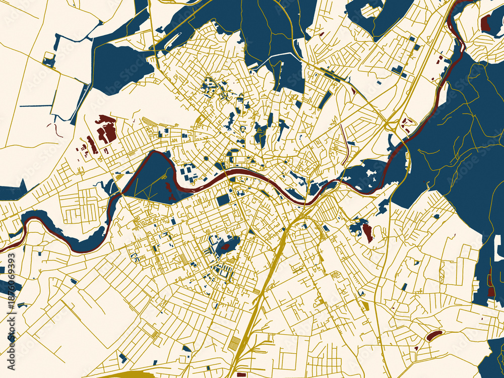 Fototapeta premium Flat city map of Uzhgorod, Ukraine in gold street network with navy water