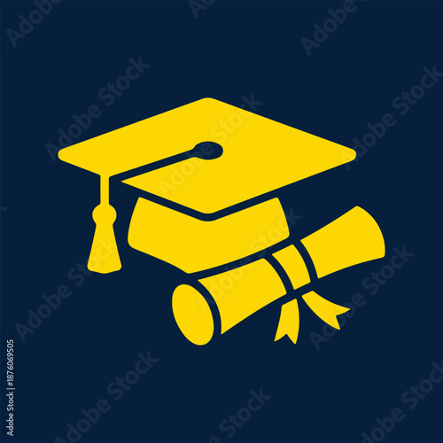 Yellow Graduation Cap and Diploma Scroll Icon on Blue Background for Education Concepts