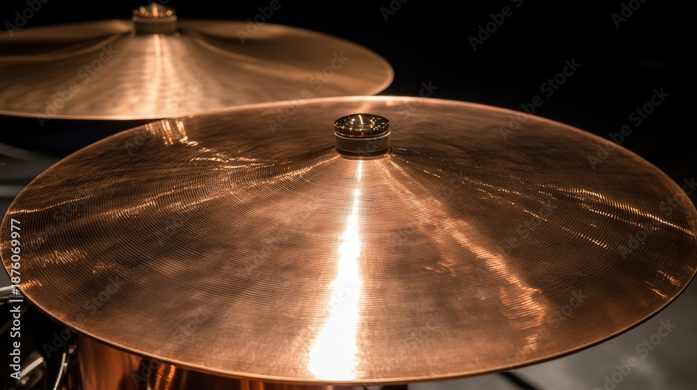 Obraz premium kettledrums. A pair of polished copper kettledrums with taut drumheads gleaming under focused stage lighting. product launch decks.