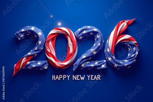 A festive depiction of the year 2026 adorned with the stars and stripes of the american flag happy new year