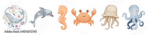 Foto cute watercolor illustration of a vibrant collection of marine animals and coral, perfect for children's designs and underwater themes