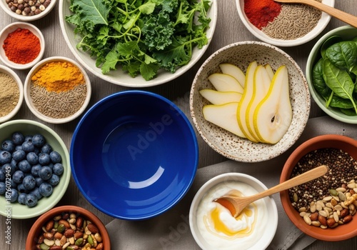 Wallpaper Mural A collection of healthy ingredients including blueberries, kale, pears, nuts, seeds, and yogurt in bowls Torontodigital.ca