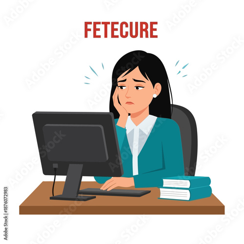Tired Woman Working at Computer, Feeling Bored and Overwhelmed at Office Desk