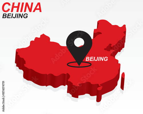 China Map Vector, Beijing Capital City Marker on Red 3D Country Shape, China Infographic Design, Editable Destination Pointer China Geography