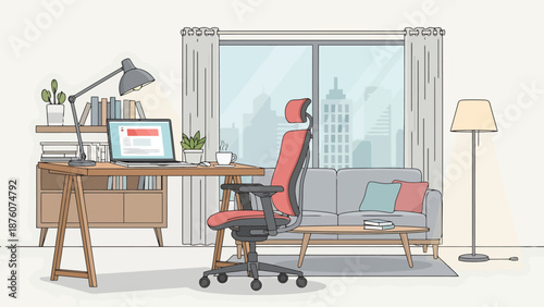 Modern Home Office Setup With Ergonomic Chair Laptop And City View Window Creating Productive Workspace For Remote Work And Business