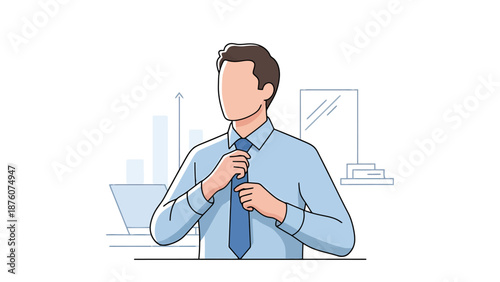 Professional Man Adjusting Tie Preparing for Business Meeting Office Environment with Laptop Background