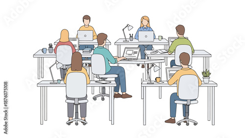 Corporate coworkers collaborating together in a modern open office space using laptops at flexible workstations with plants on desks for a productive