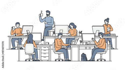 Modern Office Environment With Diverse Employees Collaborating At Workstations Using Technology For Business Operations And Productivity Growth