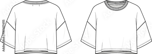 Women's cropped t-shirt technical drawing, boxy fit top flat sketch, front and back view, fashion vector illustration, short sleeve apparel design template, isolated on white background.