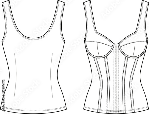 Women's corset top technical drawing, structured bustier flat sketch, front and back view, fashion vector illustration, fitted lingerie design template, isolated on white background.