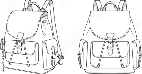 Backpack technical drawing, rucksack flat sketch, front and perspective view, fashion vector illustration, school bag design template, casual accessory mockup, isolated on white background.