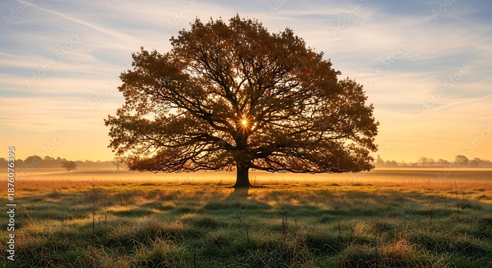 Obraz premium Golden Hour Majesty: Solitary Tree Bathed in Dawn's Light