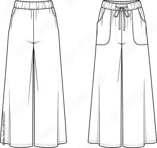Wide leg trousers technical drawing, women's elastic waist pants flat sketch, drawstring detail, fashion vector illustration, casual lounge bottom design template, isolated on white background.