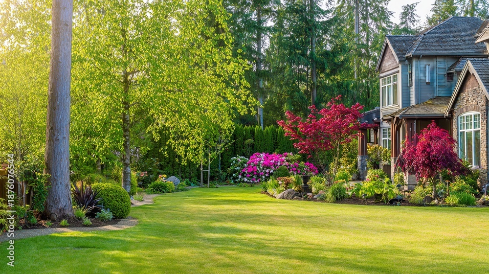 Obraz premium curb. Beautiful front yard with a healthy lawn and lush greenery in late spring. travel magazines, destination branding, designed for outdoor magazines and nature guides, used by health educators.
