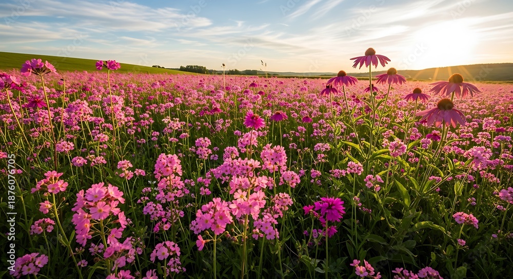 Obraz premium Floral Tapestry: Sunlit Meadow of Pink Blooms