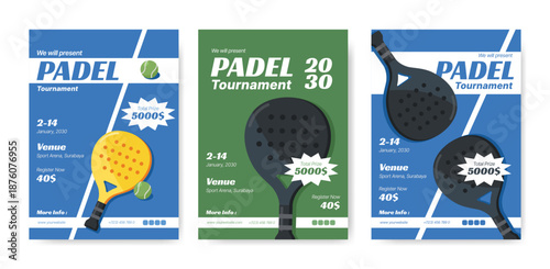 Padel tournament flyer templates with racket and event details