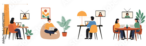 Set of flat vector illustrations showing people working from home using laptops for video calls and online meetings