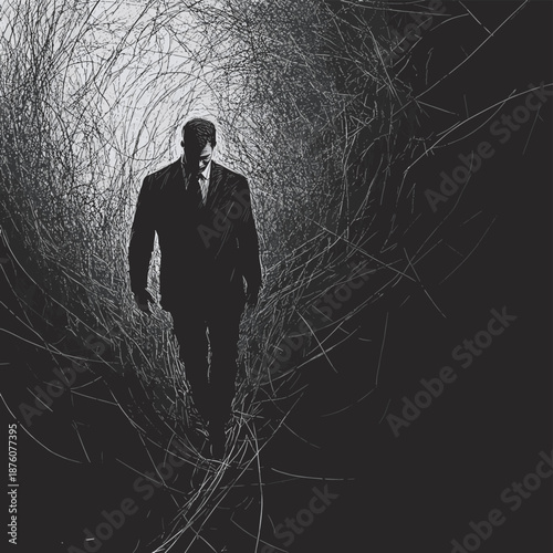 businessman caught in a spider web made of cables and connectors, tech addiction or digital entrapment sketch engraving generative ai vector illustration
