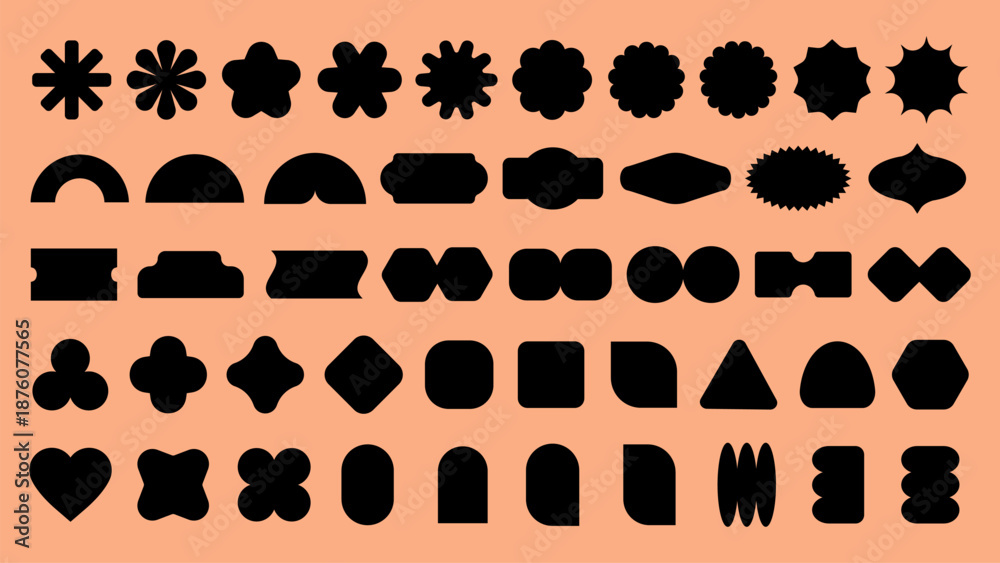 Fototapeta premium Vectors. Silhouette shapes on peach background. Various geometric shapes, abstract forms, and creative silhouettes. Shapes include circles, stars, and triangles. Black shapes, vector set.