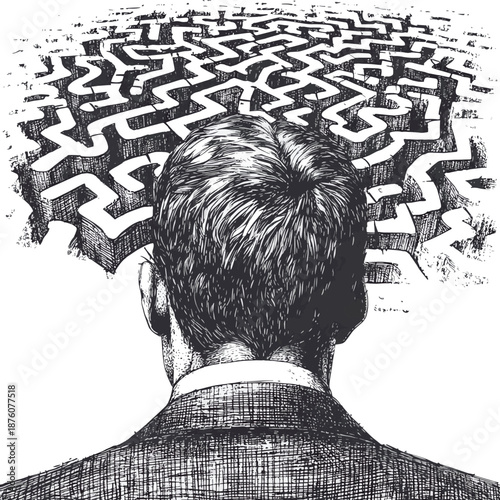businessman deep in thought with a complex maze behind his head, confusion, decision-making, and problem-solving sketch engraving generative ai vector illustration