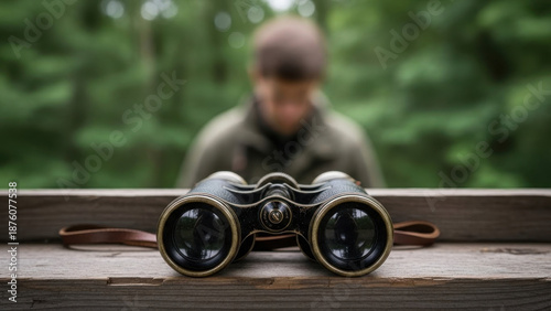 Elderly man birdwatching with binoculars on wooden table in lush green forest, blurred background, focused on outdoor adventure and nature observation