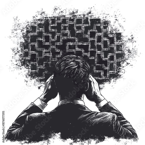 businessman deep in thought with a complex maze behind his head, confusion, decision-making, and problem-solving sketch engraving generative ai vector illustration