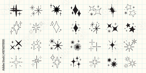 Collection of hand-drawn star doodles. Stars in various shapes and sizes. Star illustrations on grid background. Simple, artistic star doodles for design. Element vector set.