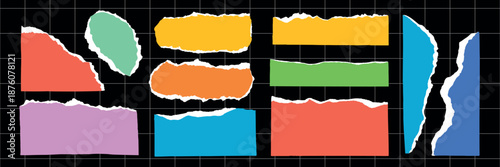 Colorful torn paper strips on a black grid background. Torn paper in various shapes and colors. Bright torn paper design elements. Torn paper texture. Colorful element vector set.