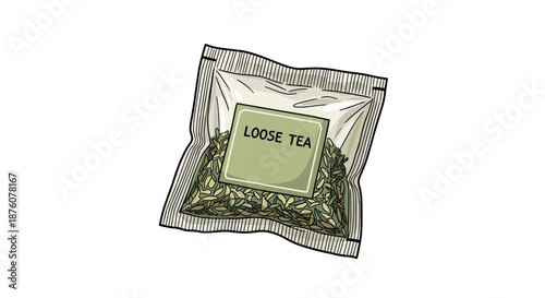Illustration of a loose tea sachet with a clear package isolated on a white background, highlighting the texture and detail of the tea leaves inside