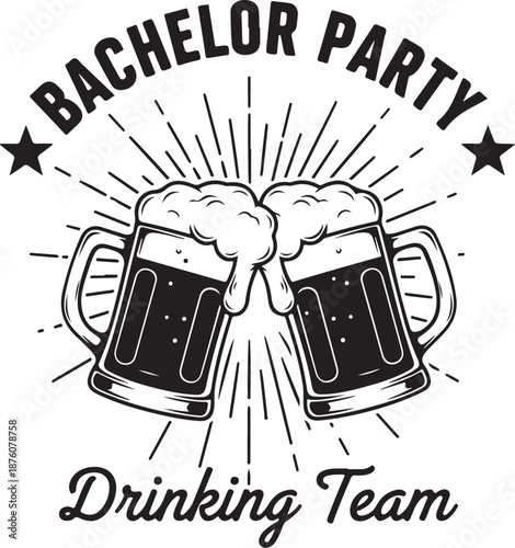 Black and white of two beer mugs with foam clinking together