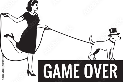 Woman walking dog with hat on leash game over sign