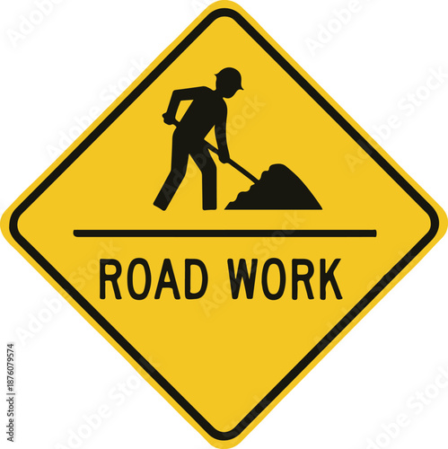Yellow road work sign with worker silhouette yellow sign
