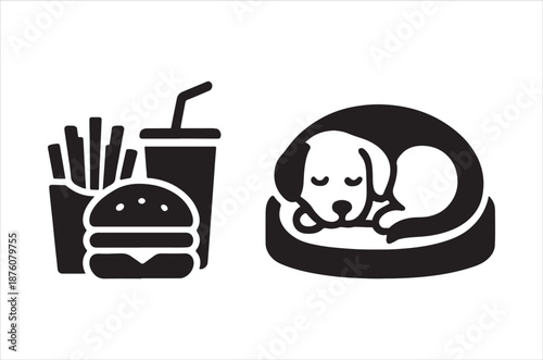 a dog sleeping next to food and drink